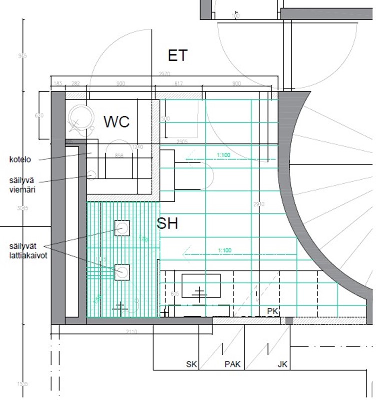 kylpyhuoneen laajennus piirustus